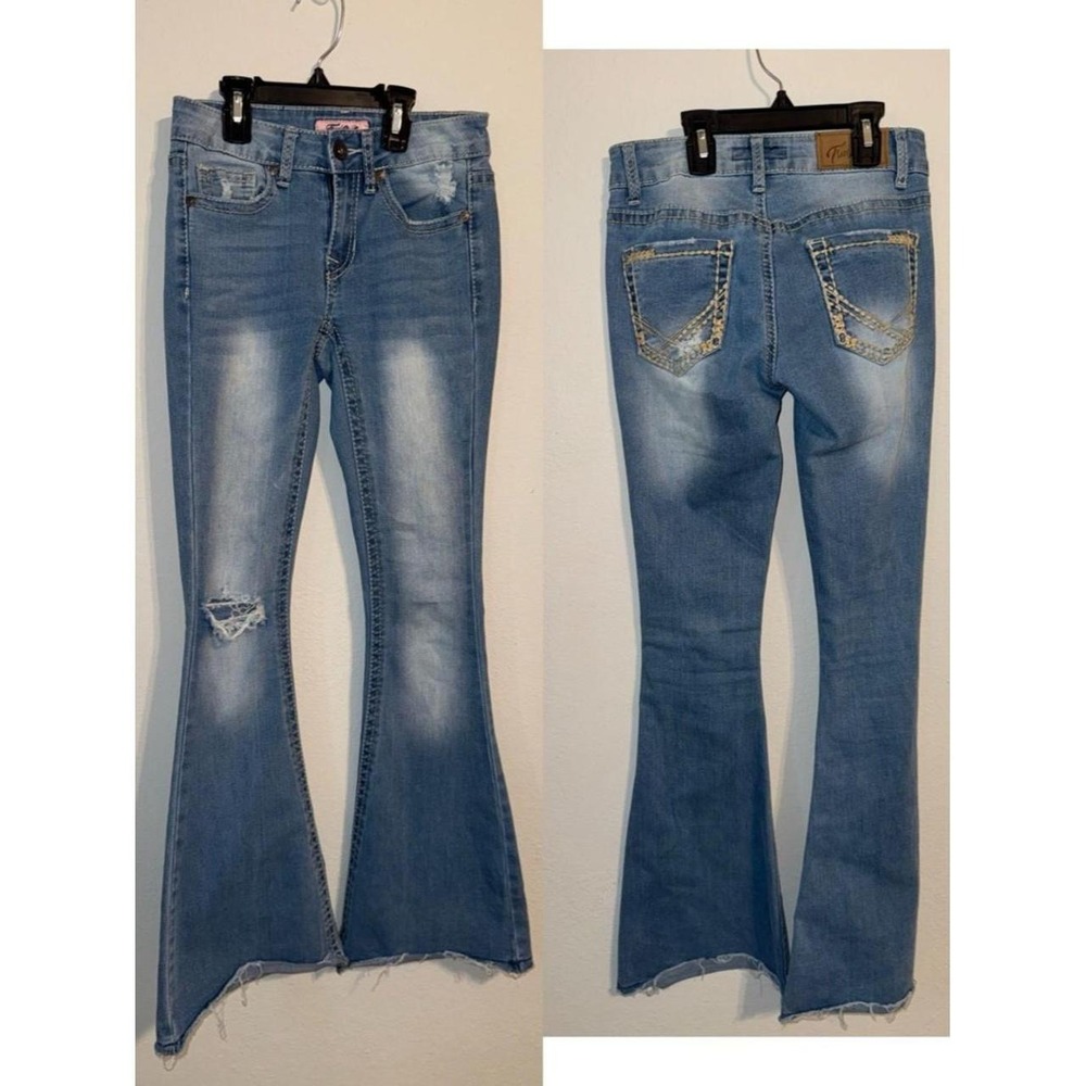 Handmade Womens Light Blue Distressed Flared Jeans Raw Hem Size 25